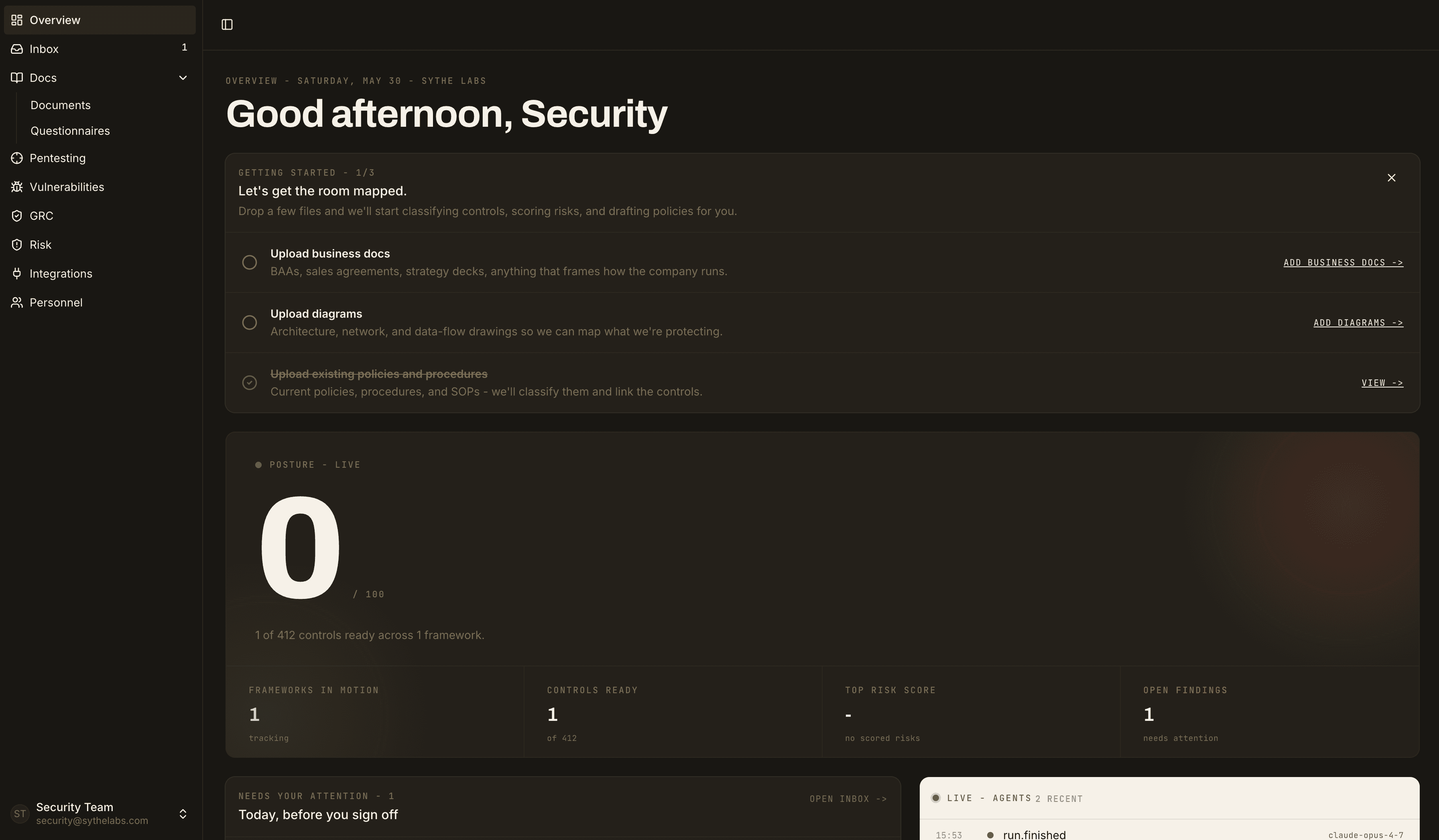 The Sythe Labs platform dashboard