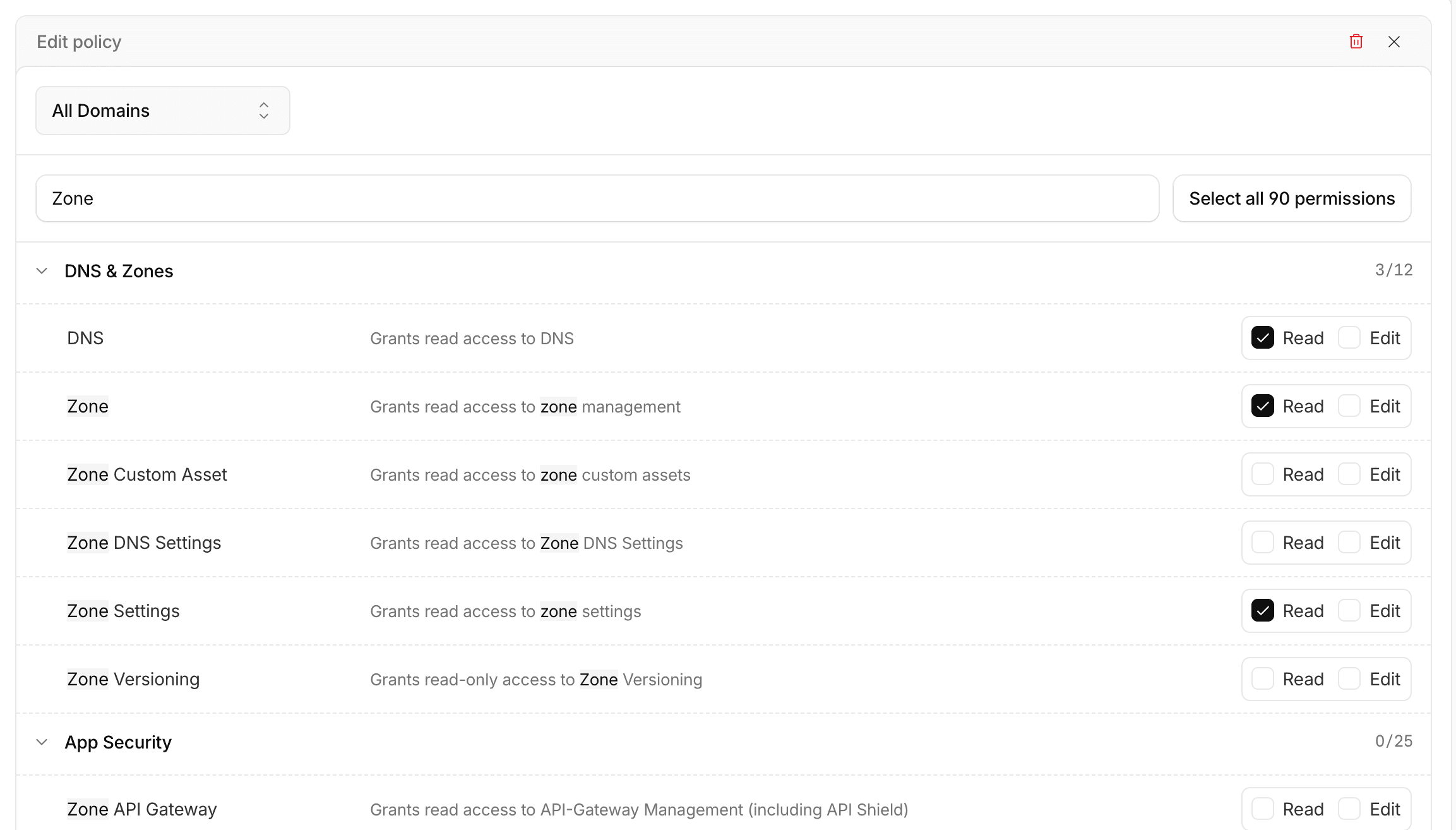 Cloudflare All Domains policy with DNS Read, Zone Read, and Zone Settings Read selected