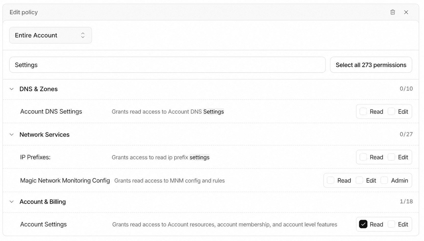 Cloudflare Entire Account policy with Account Settings Read selected