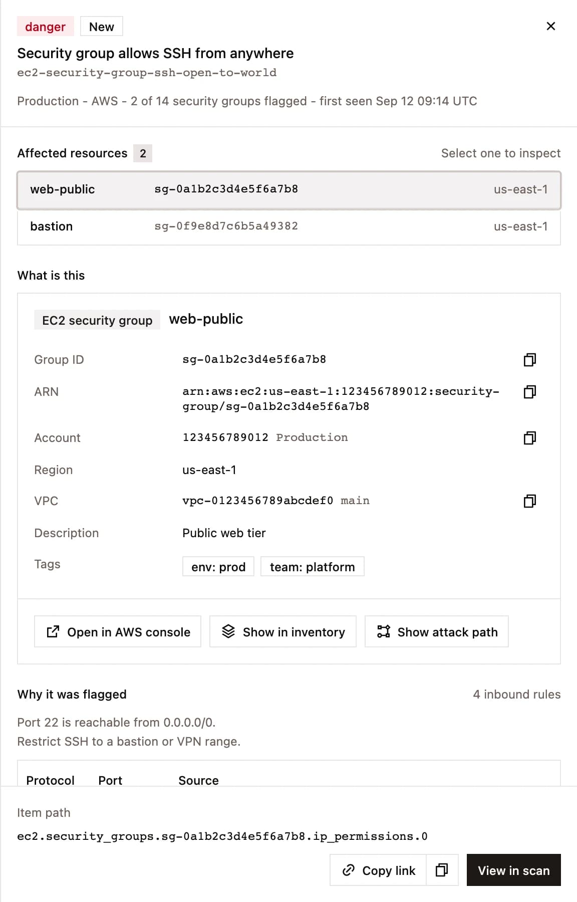 A finding for a security group that allows SSH from anywhere, listing the two affected security groups, their ARNs, VPC and tags, and why the rule flagged them
